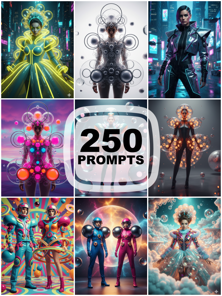 Digital Download 250 Futuristic & Surreal Fashion AI-Art Prompts | Midjourney Stable Diffusion Editorial Bundle
